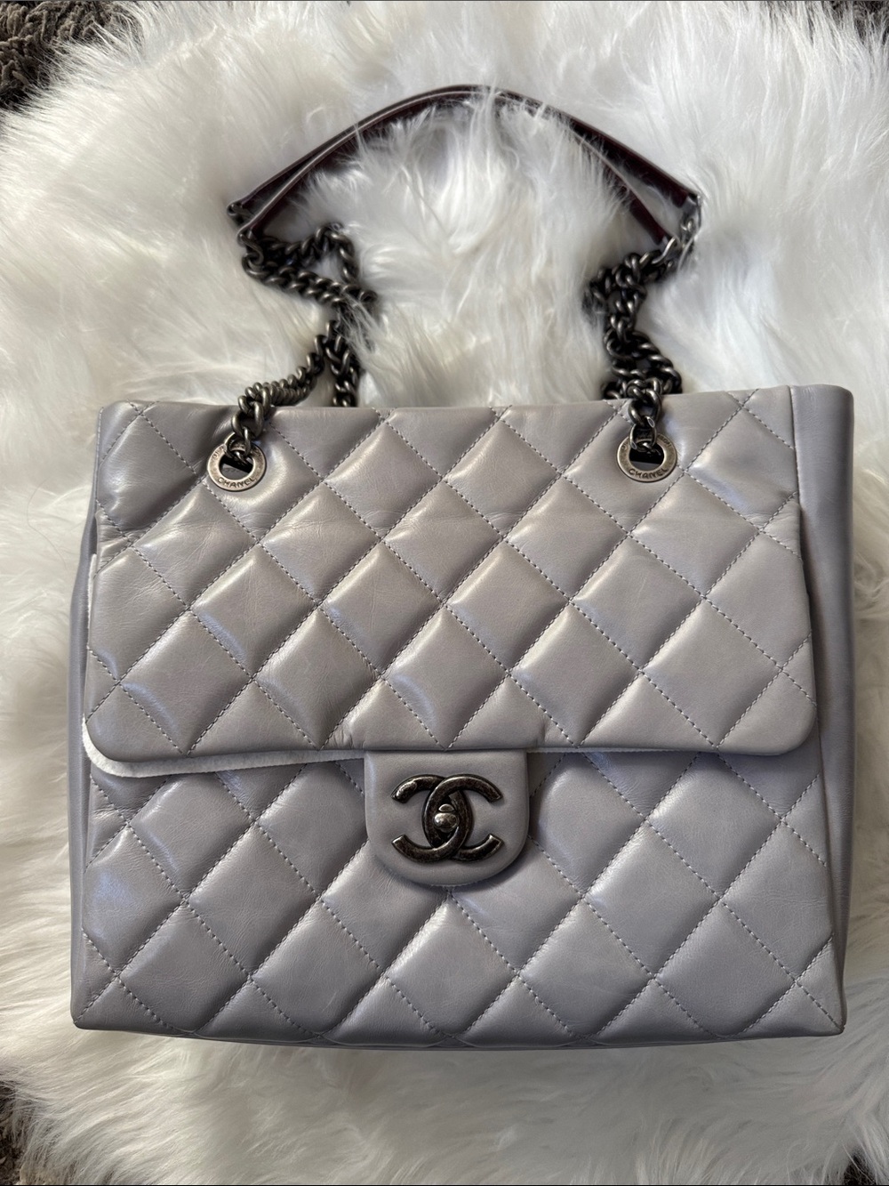 CHANEL Quilted Small Shopper in Light Blue/Grey with Gunmetal Hardware